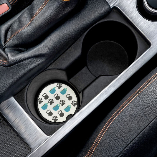 Car Coaster with Dog paws, Kettlebells and Coffee